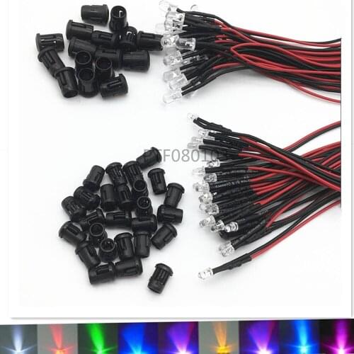 20-100pcs 3mm/5mm Red/Green/Blue/RGB 12V DC Round Pre-Wired Water Clear LED With Plastic Holder