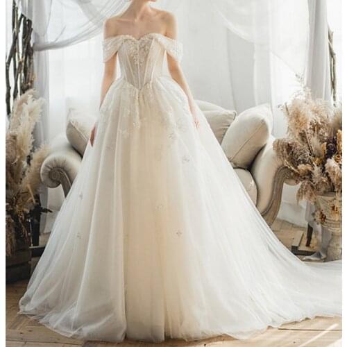 4225# Off-Shoulder Short Sleeve Lace-up Ball Gown Backless Lace wedding dress bridal gown women‘s real photo FANWEIMEI