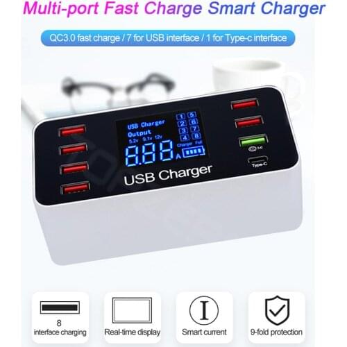 8A 40W USB Charger Hub Multi Ports Smart Quick Charge 3.0 Type C USB Charging Station Desktop Charger Fast Led Display 8 Ports