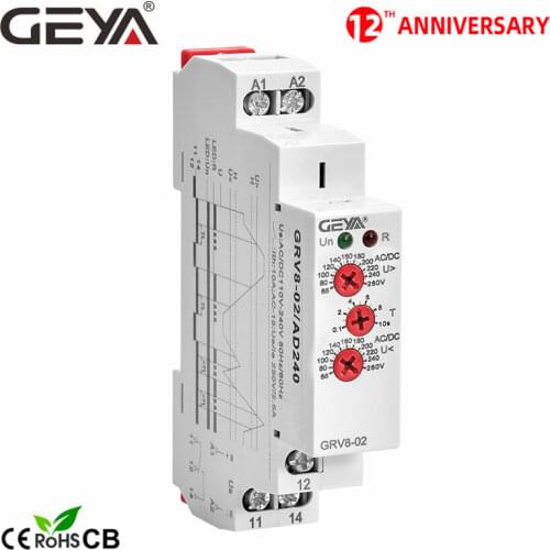 Free Shipping GEYA GRV8-02 Voltage Protection Relay AC220V DC12V DC48V ACDC240V Over-voltage and Under-voltage Protection