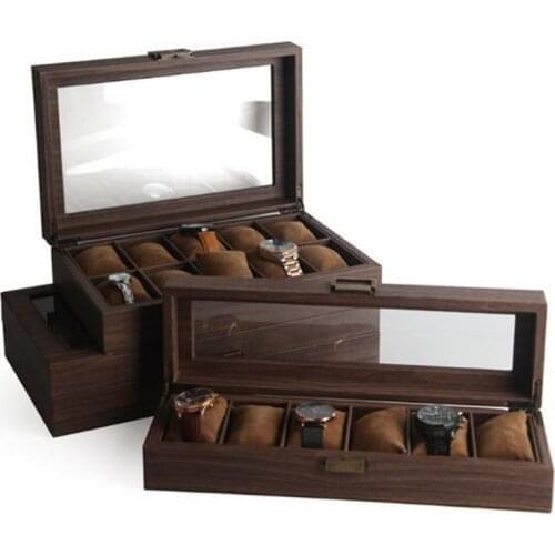 6/10/12 Grids Watch Box Wood Grain Leather Jewelry Watch Storage Box With Retro Concealed Button For Men Watch Quartz Watch