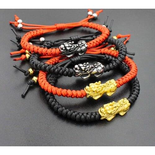 Handmade Stainless Steel Pixiu Money Animal Charm Bracelet Black Red Rope Thread String Braided Bracelets For Men Women Couples