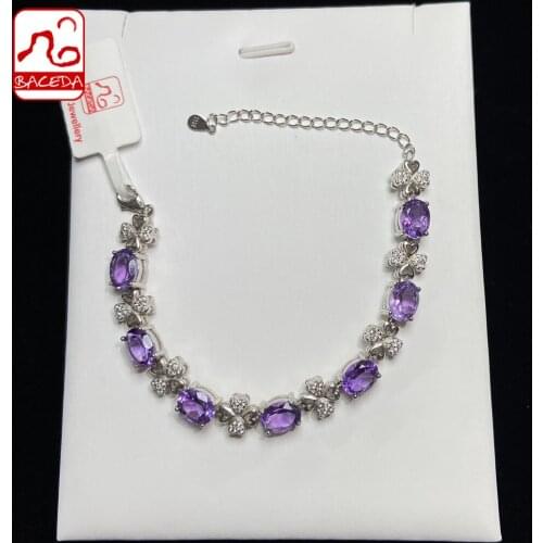 Baceda February Birthstone elieve stress and strain sooth irritability Natural Crystal of Amethyst Silver S925 Bracelet 15-17cm
