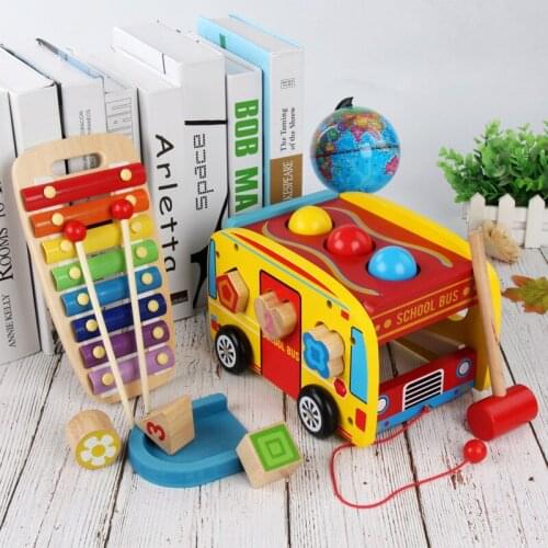 Kids Montessori Educatioanl Wooden Toy For Children Drag School Bus Beat Knock Balls Matching Shape Eight Piano Toddlers Toy