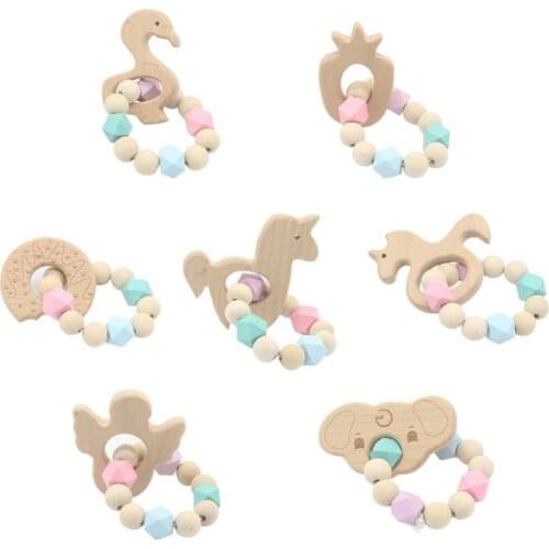 Baby Teether Bracelet Rodent Molar Stick Non Toxic Silicone Bite Necklace Stick Cute Cartoon Pattern Toy Baby Gym Wood