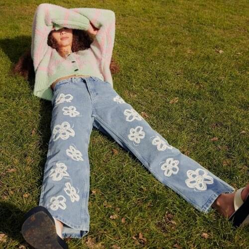 Ins Floral Print Jeans for Women 2021 Casual High Waisted Straight Leg Pants Vintage Streetwear Baggy Wide Leg Jeans Denim Pants
