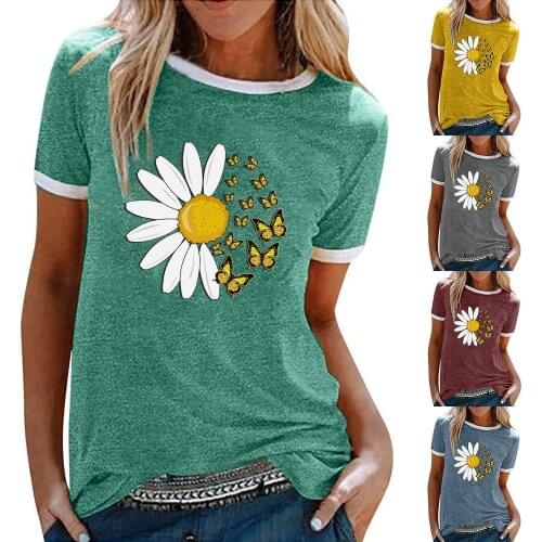2021 Summer New Women Fashion Daisy Butterfly Print O-neck T-Shirts Short Sleeve Casual T Shirts Ladies Cotton Tops Streetwear