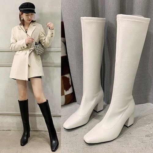 Nice Vogue Knee High Boots Womens Winter Boots Thick High Heel Stretc Long Boots Slip On Autumn Shoes Woman Black White