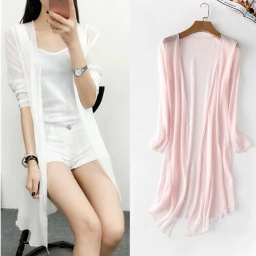 Summer Chiffon Blouse Pink Cardigan Sun Protection clothing Long Blouse Beach White female Fashion Tops Feminino