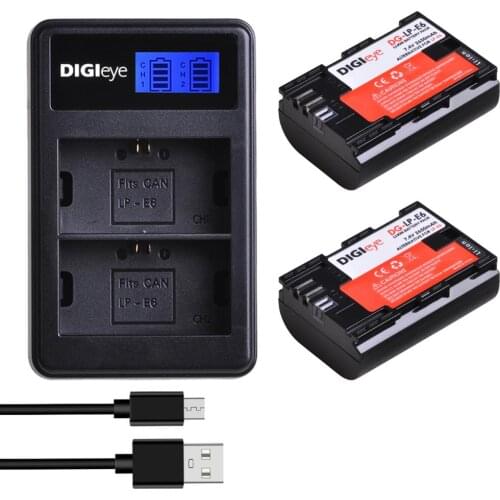 2X LP-E6 LP-E6N Battery + LCD Dual USB Charger for Canon EOS 5D Mark II/III/IV 5DS 5DS R EOS 6D 6D Mark II EOS 7D 7D Mark II