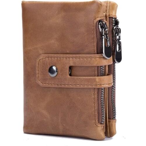 2019 New Oil wax cowhide high capacity RIFD anti-magnetic double zipper mens wallets retro style short wallet