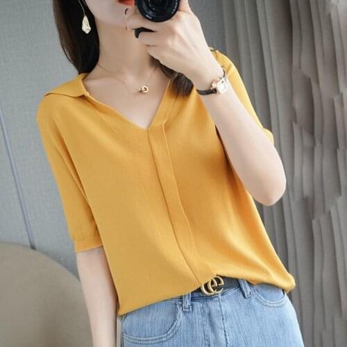 New womens short-sleeved 100% cotton T-shirt, half-sleeved knit sweater, pullover, thin sweater, large size short sleeve