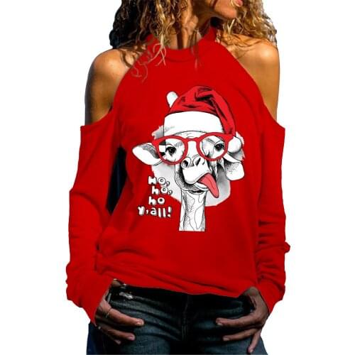 Papertiger Ladies Sexy Strapless Pullovers Cartoon Cute Alpaca With Red Christmas Hat Print 3D Casual Sweatshirt