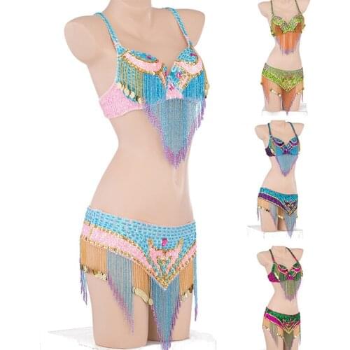 Sexy Tassel Beads Indian Bra Hip Scarf Belly Dance Suit Stage Nightclub Dance Performance Clothing Belly Dance Costume Women