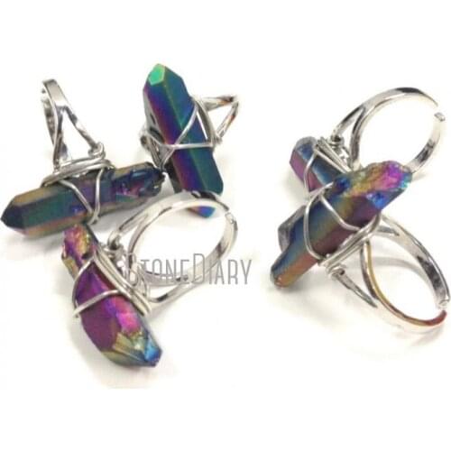 RM12178 10Pcs Wire Wrap Silver Electroplated Faceted Pillar Ring Rainbow Aura Clear Quartz Ring Adjustable