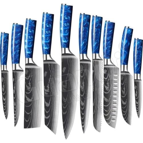 10pcs Knives Set Resin Handle Damascus Steel Chef Knife Cleaver Paring Utility Bread Knife Slicer Santoku Knife Cooking Tools