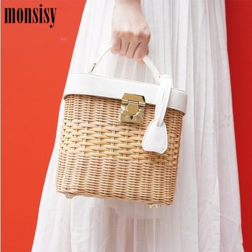 Monsisy Straw Rattan Bag For Women 2021 Woven Tote PU Leather Handmade Weave Handbag Ladies Summer Travel Bucket Beach Bag Bolsa