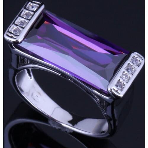 Magic Rectangle Purple Cubic Zirconia White CZ Silver Plated Ring V0653