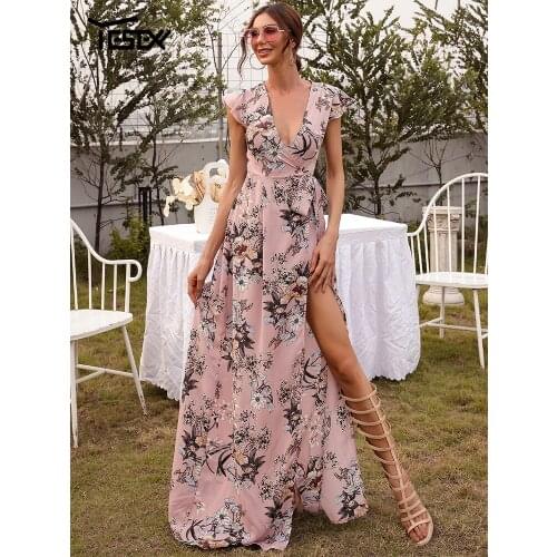 Yesexy Deep V Neck Maxi Floral Dress Beach Women Long Sleeve Print Lace Party Casual Summer Sexy Pink Prom Elegant Dresses New