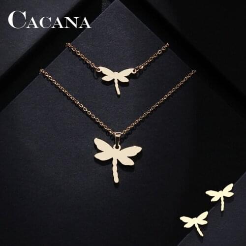 CACANA Stainless Steel Sets For Women Dragonfly Shape Necklace Bracelet Earring Jewelry Lovers Engagement Jewelry