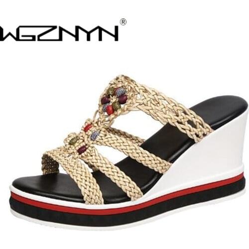 Women weaving Slippers Platform Wedge Peep Toe Casual Bling Color Mixing Slide Outdoor Beach Ladies Shoes Woman Zapatos De Mujer