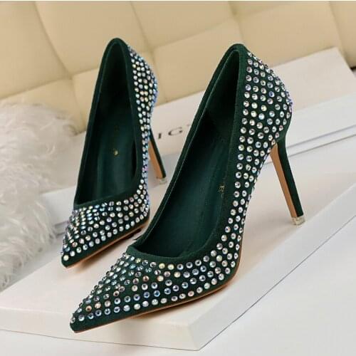 BIGTREE Women Pumps Sexy Nightclub Super High Shallow Mouth Sexy Pointed Metal Luxurious Rhinestone Wedding Bridal Shoes