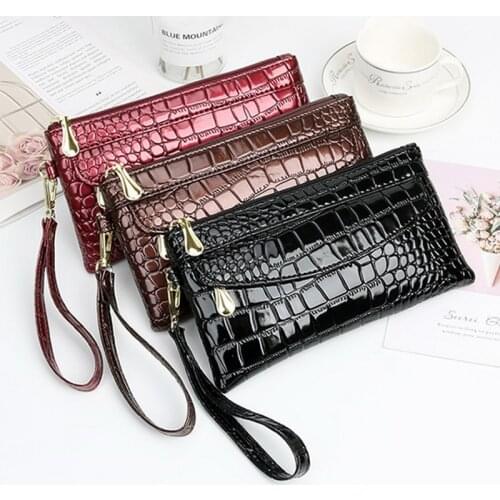 Women Black PU Clutch Bag Wallet Casual Long Litchi Coin Purse Ladies Purse Wrist Bag Zipper Pocket Credit Card Holder
