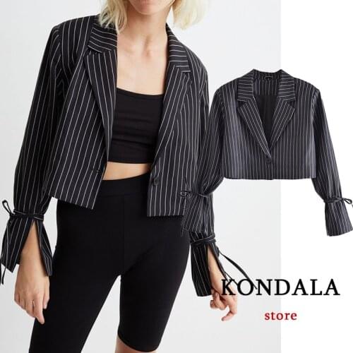 KONDALA Za 2021 Women Office Lady V Neck Short Blazer Long Sleeve Striped Print Bow Women Jackets Elegant Stylish Mujer Blazer