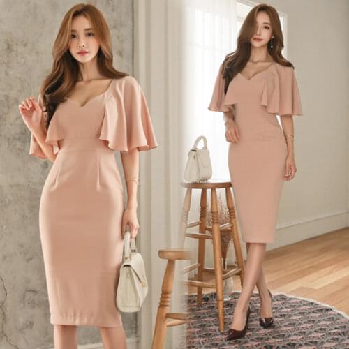 Summer Dresses Bandage Bodycon Vneck Dress Women Office Lady Pink Korean Ruffles Sexy Party Korean Long Sundress Clothes Vestido