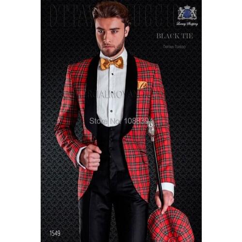 2017 New Brand Italian Groomsmen 3 Piece Groom Dinner Party Suits Slim Fit Plaid Wedding Dress Tuxedos (Jacket+Pants+Vest+Bow)