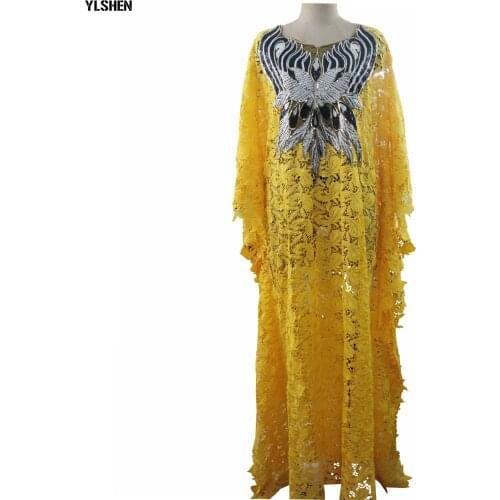 Plus Size African Dresses For Women Dashiki Fashion Water-soluble Lace Loose Skirt with Beaded Embroidery Long Africa Dress