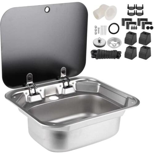 RV Styling Boat Square Stainless Steel Hand Wash Basin Sink Foldable Kitchen Single Basin with Tempered Glass Lid for RV Caravan
