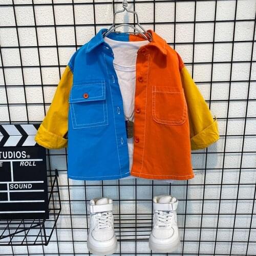 Kids Clothes Baby boys Shirt Fashion Blue match Orange Cotton Button Tops 2 3 4 5 6 7 8 Years Little boys Child shirt Outerwear