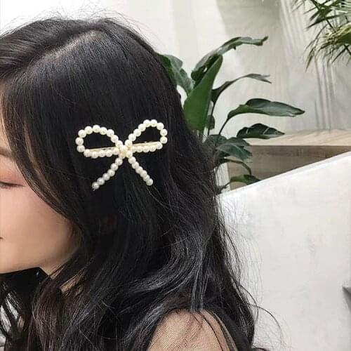 Elegant Fashion Imitation Pearl Bow Sweet Cute Hairpin Bangs Clip Handmade Beaded Female Wedding Accessories Word Clip Side Clip