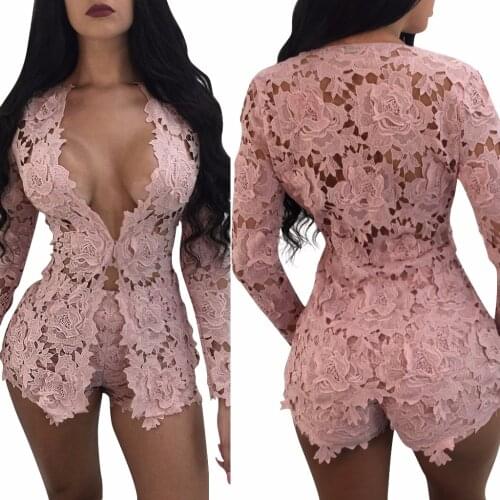 European Style Two Piece Lace Jumpsuit Full Sleeve Bodysuit Women Party Graceful Overalls Lace Plus Size 3179
