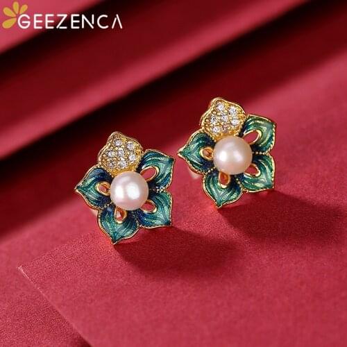 GEEZENCA 925 Silver Gold Plated Cloisonne Natural Freshwater Pearl Earrings For Women Enamel Small Stud Earring Vintage Ethnic