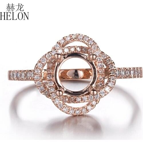 HELON Solid 14K Rose Gold AU585 Real 0.3ct Natural Diamonds Semi Mount Fine Jewelry Engagement Wedding Ring Round Cut 6-7.5mm