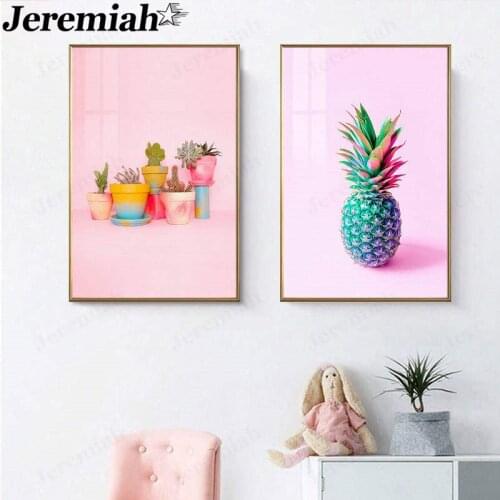 Pink Plant Canvas Painting Cartoon Pineapple Cactus Flower Poster Picture Print Wall Art Nordic Childrens Room Decoration