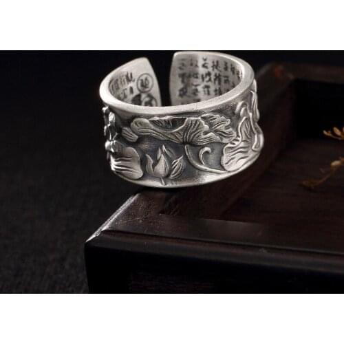 Natural 999 sterling silver retro lotus lotus leaf heart sutra for women men rings resizable sterling silver rings