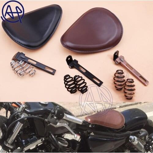 Brown/Black Vintage Motorcycle Leather Solo Seat Cover 3" Spring Swivel Bracket Universal For Harley Chopper Bobber Honda Custom