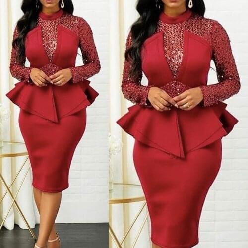 Red prom dresses 2020 long sleeve beading sequins peplum sheath evening dresses gowns long party dresses