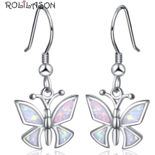ROLILASON Cute Butterfly Earrings White fire opal 925 Silver Stamped Drop Earrings fashion Jewelry OE771