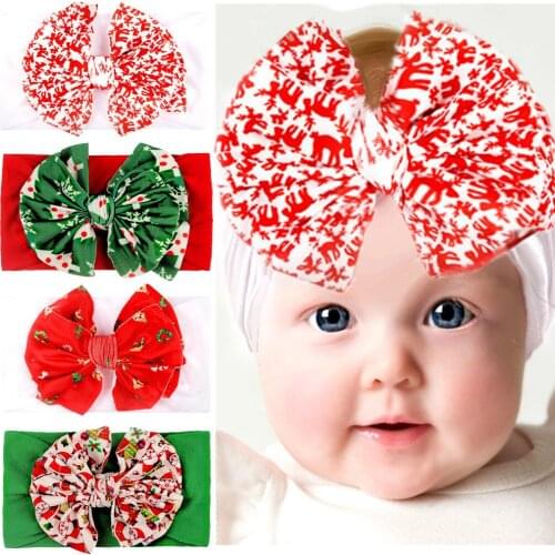 Nishine Christmas Day Gifts Chiffon Bows Knot Baby Girls Headband Elastic Newborn Toddler Infant Turban Nylon Wide Headwraps