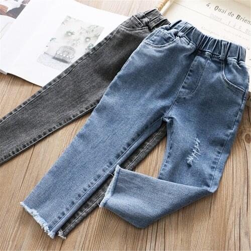Girls New Design Elastic Waist Solid Color Hollow Out Jeans Pants Full Length Pencil Design Spring Washed Jeans Trousers
