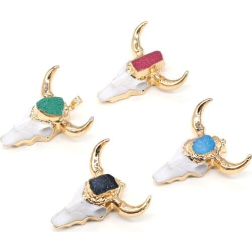 Natural Crystal Agates and Bull Bone Head Pendants Ox Head Shape Stone Charms for Jewelry Making DIY Necklace Bracelet Gift