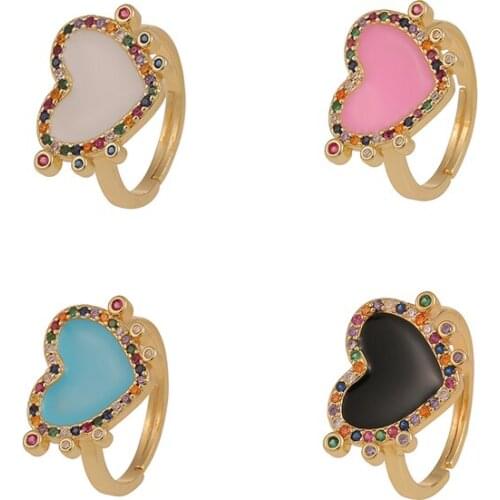 Popular Love Heart Shape Enamel Finger Rings For Women Fine Pave Zirconia Ring Boho Style Wedding Party Jewelry Gifts