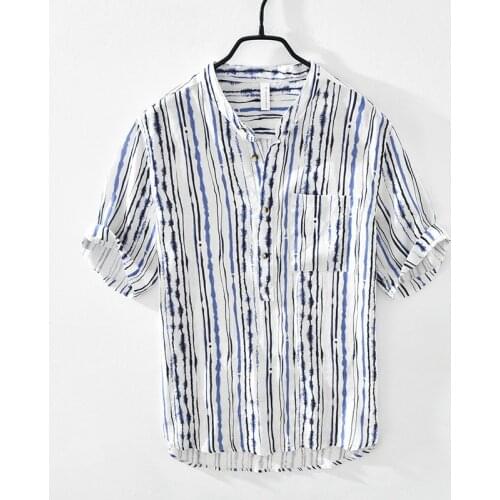 Striped Print Short Sleeve Shirt for Men Summer New Stand Collar Pullover Tops Male Thin Slim Fit Button Up Retro Clothes