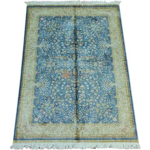 Seeykeep™ 4.5x6.5ft Silk Handknotted Rug with Intricate Beautiful Flower Motifs On Elegant Azure Backcolor-NY3016312