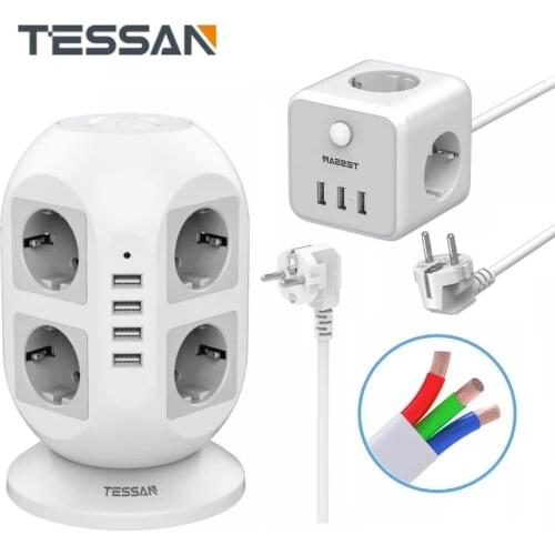 EU Power Strip Tower with 4 USB Ports and 8 Outlet Extender 2M Extension Cord On Off Switch Desktop Electrical Plug Adaptor