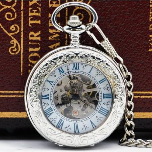 Vintage Steampunk Hand Wind Skeleton Mechanical Pocket Watch With Necklace Chain For Men Women PJX054